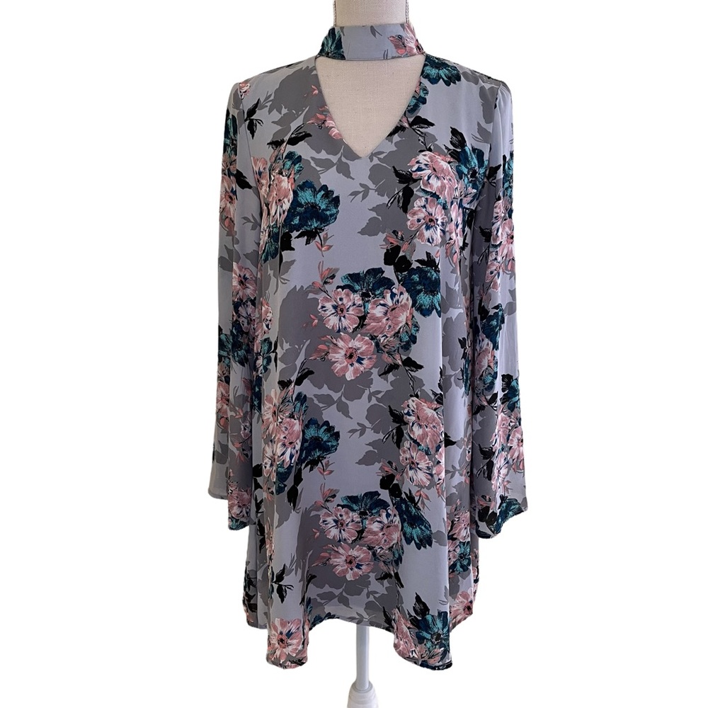 Spirit of Grace Choker Collar Grey and Pink Floral Tunic Style Dress S